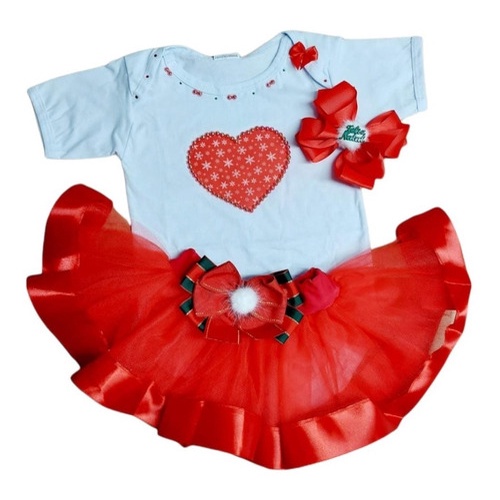 Conjunto Body Bebê Menina Infantil Natal Roupa Festa C/ Saia