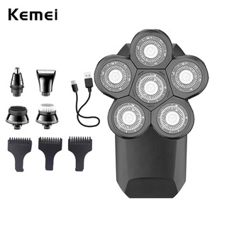 Kemei Multifuncional 5 Em 1 Homens Barbeador Elétrico Kit Recarregável Cabeça Careca 6 Flutuante Blads Navalha Barba Nariz Ouvido Aparador De Cabelo