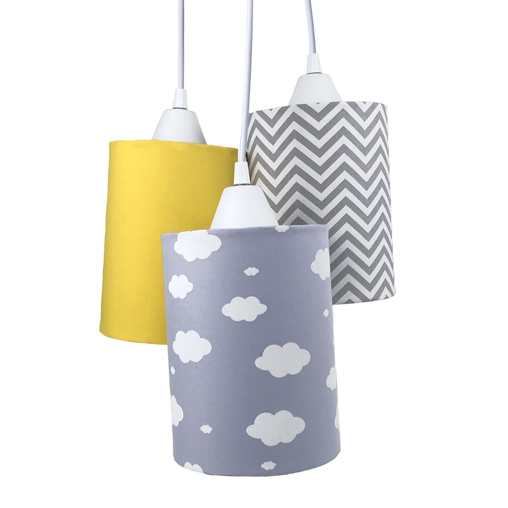 Pendente 3 Cúpulas Amarelo Chevron Cinza Nuvem Nuvens Lustre