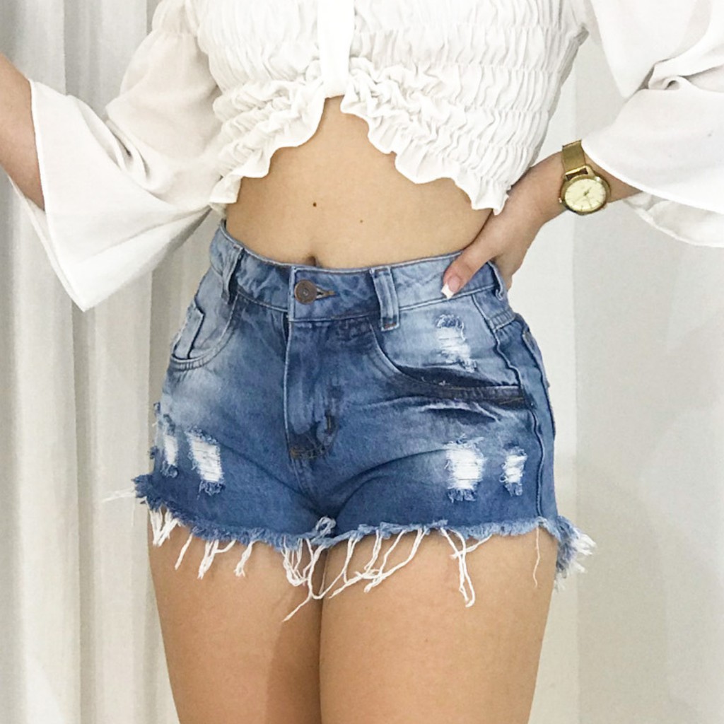 Short Jeans Feminino Cintura Alta Destroyed em Oferta na Shopee