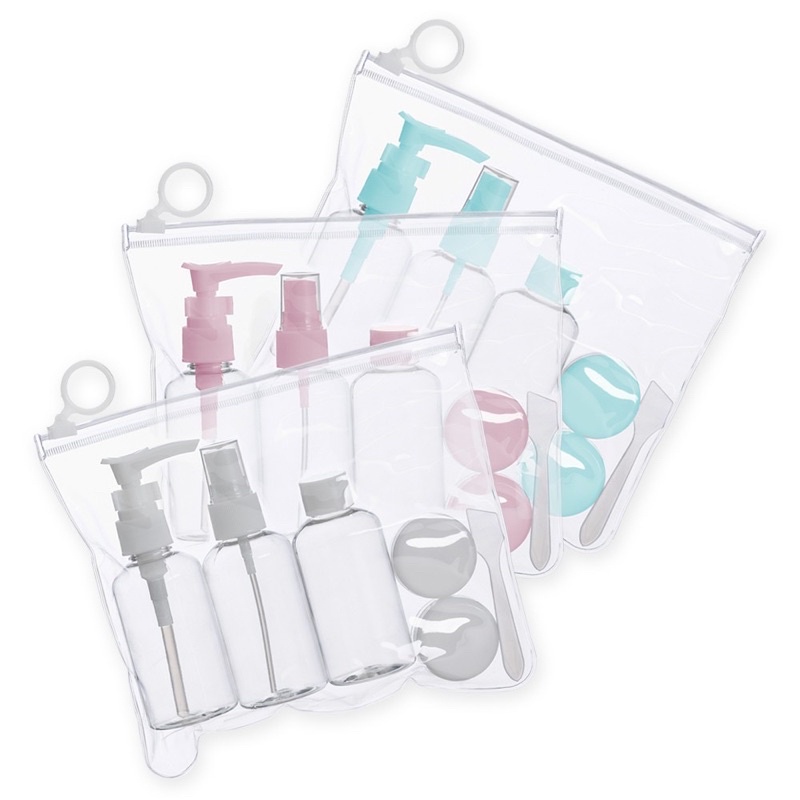 Kit Viagem Transparente Com 5 Peças: Frascos Para Alcool, Sabonete, Shampoo, Condicionador