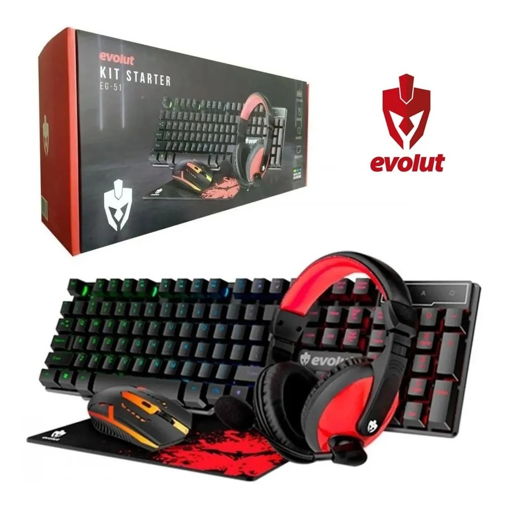 Kit Gamer Evolut, Starter EG51, Mouse, Teclado, Headset e Mousepad
