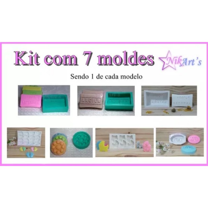 Kit com  Moldes, forma de Silicone para Sabonetes Artesanais. (1 Molde Mod. 100% Artesanal, 1 Molde Mod. Argila, 1 Molde Mod. 100% Natural, 1 Mod. Pezinho 16cav, 1 Mod Massageado Redondo, 1 Carrinho, 1 Love G)