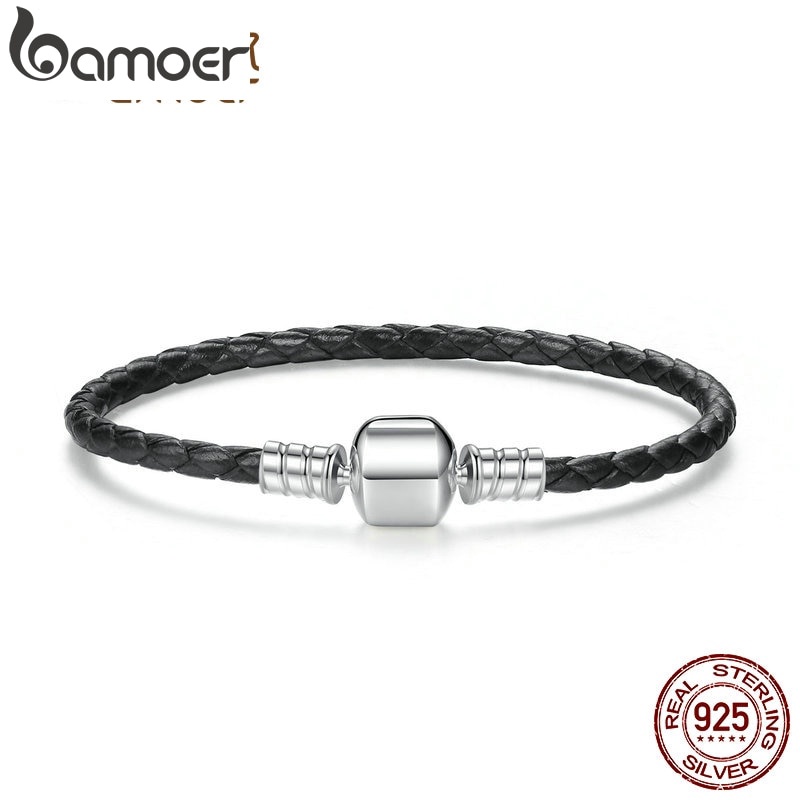 Bamoer Pulseira De Couro Preto Pandora 925 PAS911 Prata Esterlina