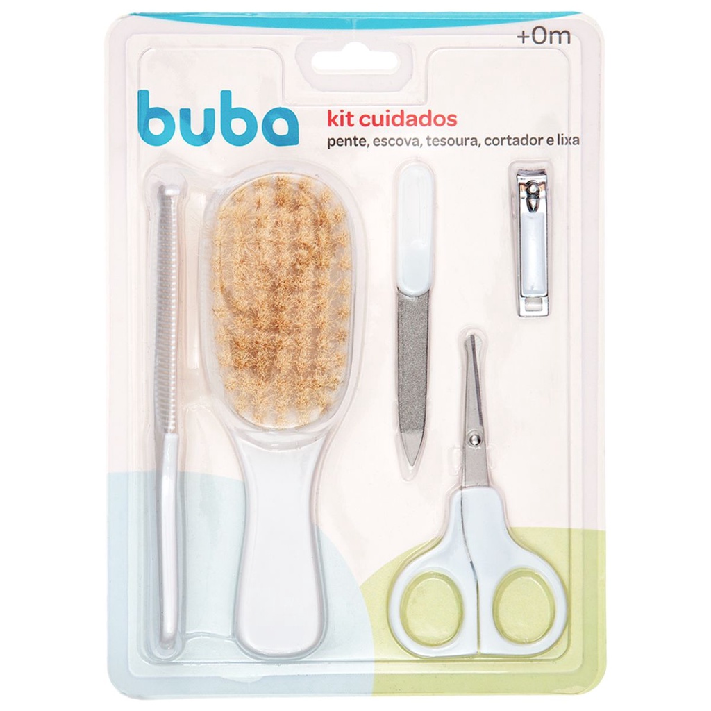 Kit Cuidados e Higiene Bebê Escova Pente Tesoura Cortador de Unhas e Lixa Cerdas Naturais Branco Buba