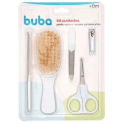 Kit Cuidados e Higiene Bebê Escova Pente Tesoura Cortador de Unhas e Lixa Cerdas Naturais Branco Buba