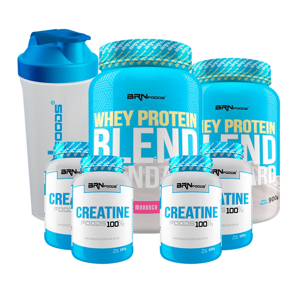 Kit 2x Whey Protein Blend Standard 900g + 4x Creatina Monohidratada 100% Pura 100g + Coqueteleira 600ml - BRNFOODS