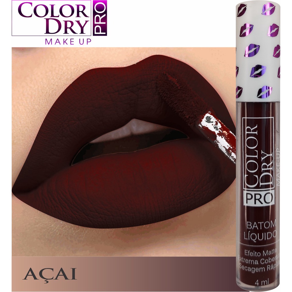 Batom líquido Color Dry PRO Makeup AÇAÍ - Efeito Matte e Extrema Cobertura com Secagem Rápida