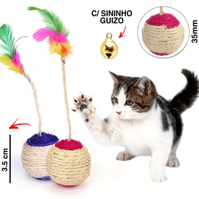 Bola sisal com penas Coloridas (01un) brinquedo gato _Bolinha de sisal gatinho