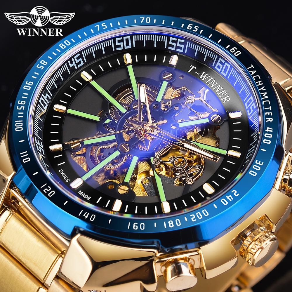 T-WINNER Relógio Mecânico Automático Ouro Masculino Grande Capa Luxo Da Moda Esqueleto Luminoso Militar Negócios Azul Impermeável