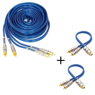 Kit Cabo RCA Blindado 5 Metros Prime Plug Banhado Metal+ 2 Cabo Y 2M/1F Blindado Azul Som Para Carro em Oferta na Shopee