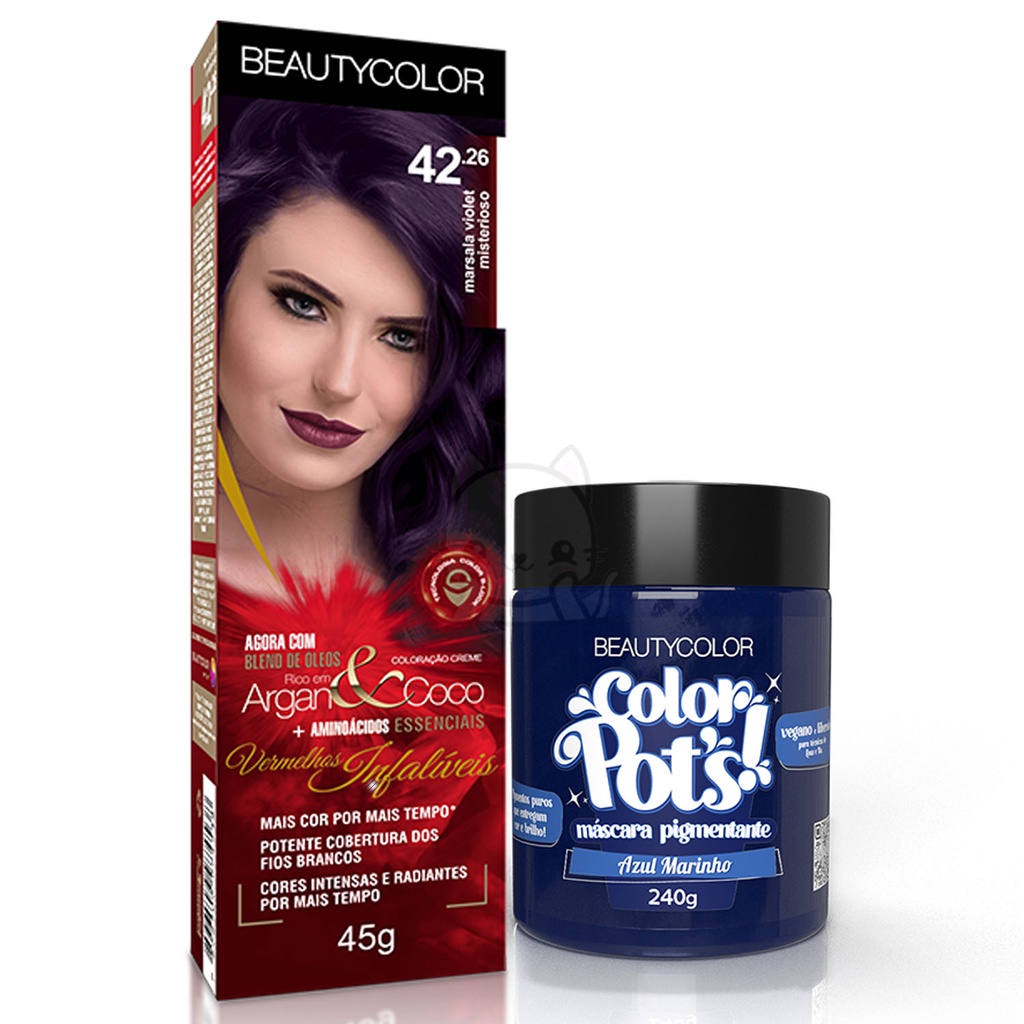 Kit Coloração 42.26 Marsala Violet Misterioso Individual + Pots Azul Marinho - Beauty Color