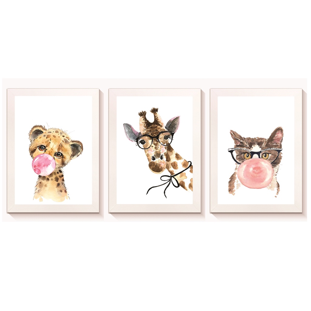 Kit 3 Quadros Decorativos Onça Gitafa e Gata Molduras 20x30cm Madeira Vidro Brancas