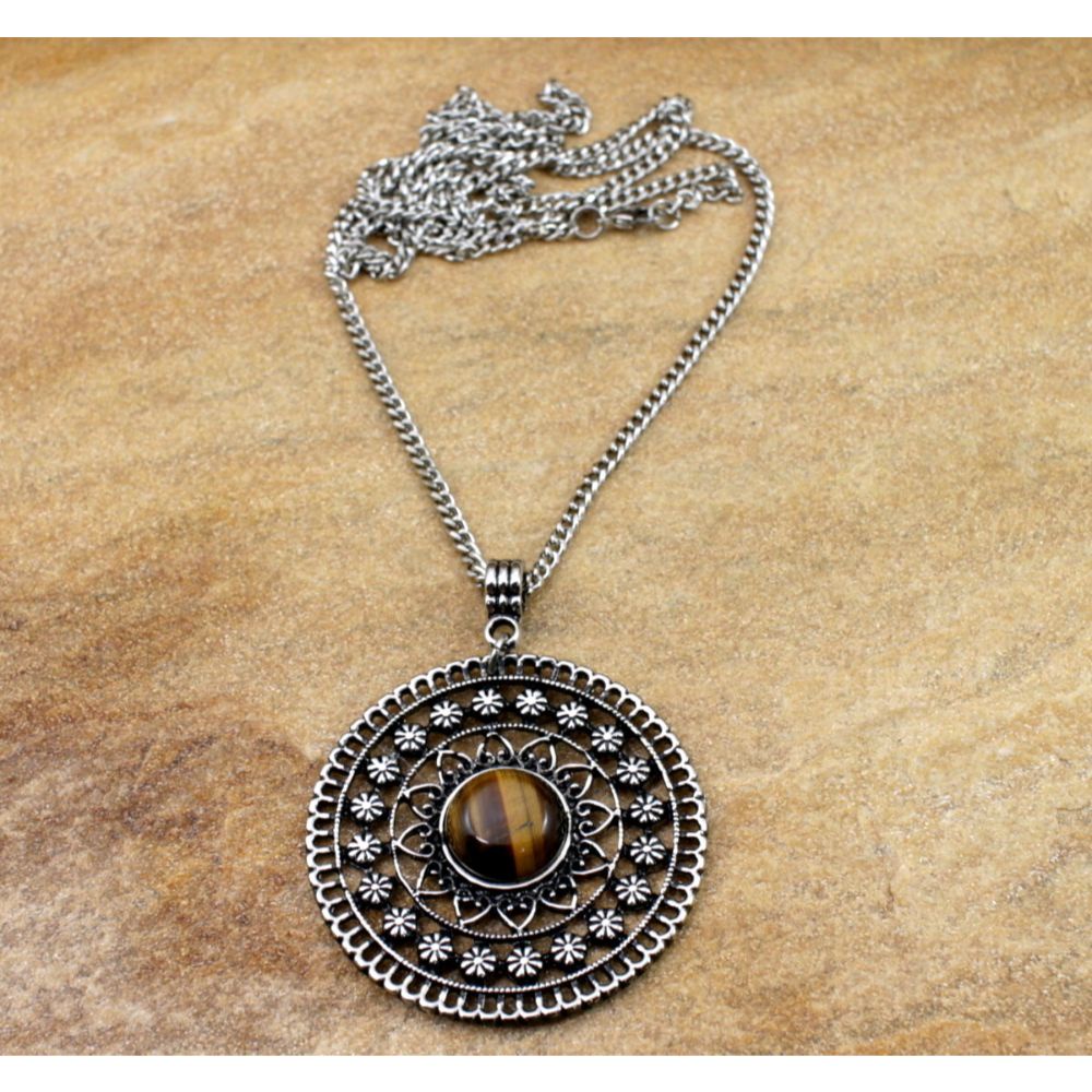 Colar mandala longo com pedra olho de tigre bijuterias acessorios femininos