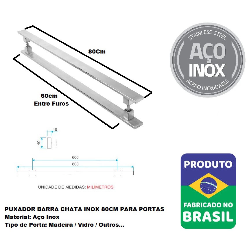 Puxador Barra Chata Reto  80cm Aço Inox 40x10mm para porta de madeira ou vidro em Oferta na Shopee