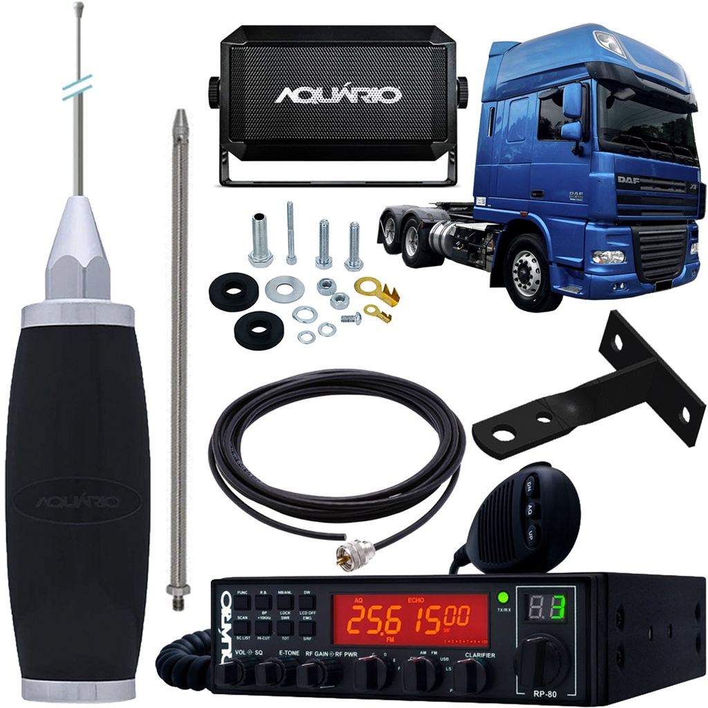 Rádio Móvel Px 80 Canais RP-80 Antena Maria Mole Inox 2,70m Parafusos Alongador 60cm Caixa de Som Cabo 5,5m Suporte Traseiro Daf