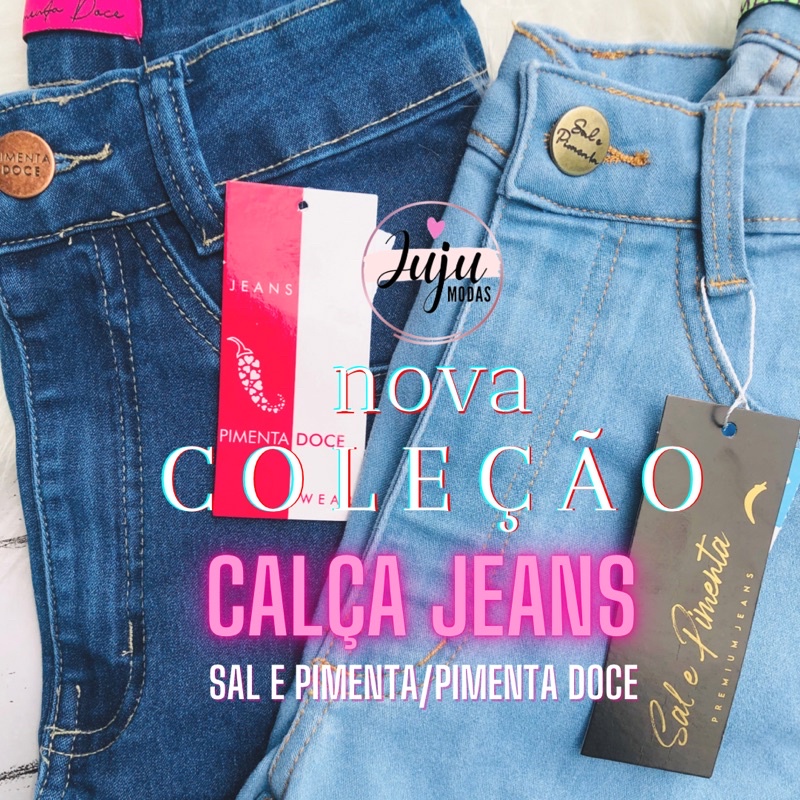 Calça Jeans Sal e Pimenta/Pimenta Doce com Lycra Cintura Alta/Skinny/Levanta Bumbum/Moda Feminina/Com Bolso