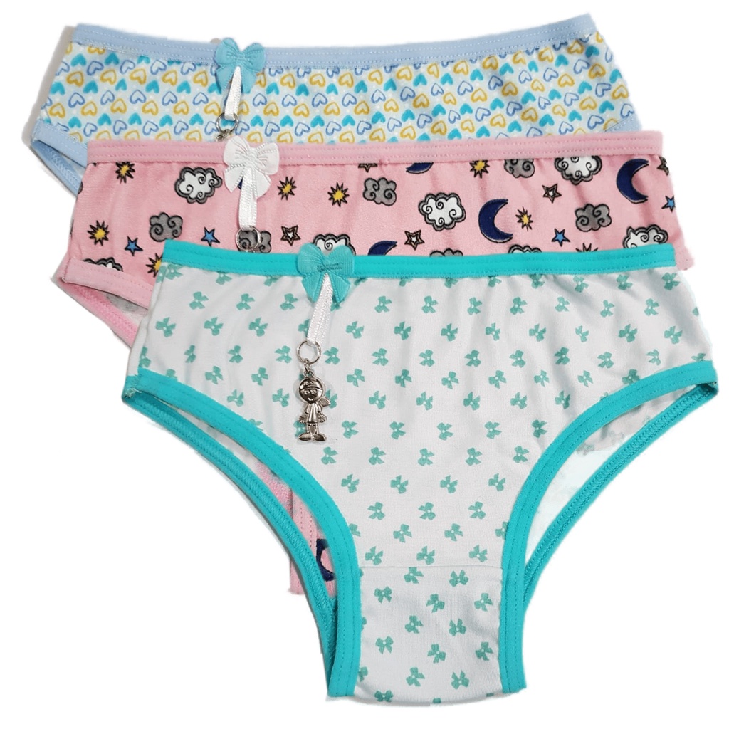 Kit 3 Calçolinha Infantil Bia Pingente Sued Estampado Confortavel Forro 100% Algodão Calcinha Menina