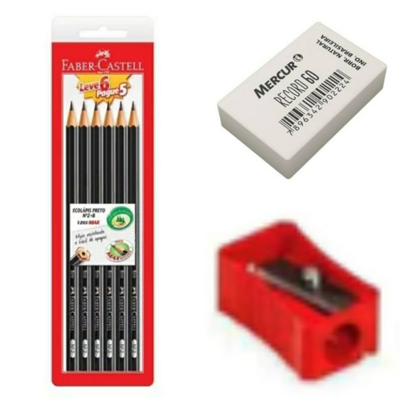 Kit Escolar: 6 Lápis de Escrever Grafite Preto HB Sextavado Faber Castell+Borracha Mercur+Apontador