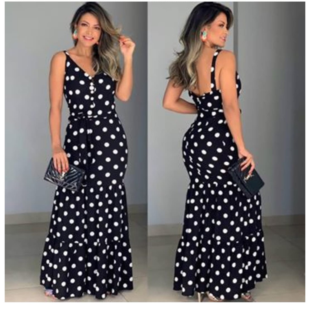 vestido longo de bolinhas