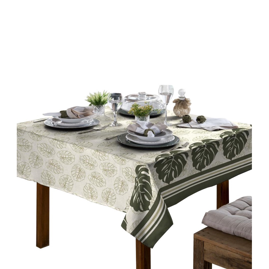 Toalha De Mesa Linhão 4 Lugares Quadrada Folhas Verde