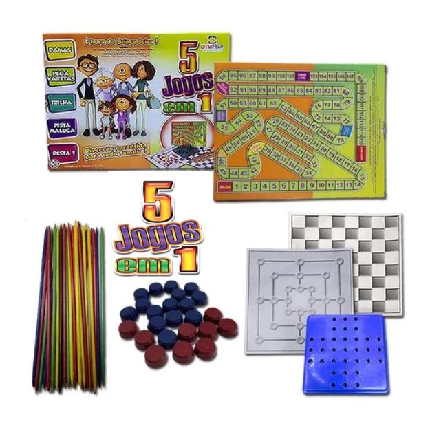 Kit Super Jogos Clássicos 5 Em 1 Trilha Pega Varetas Dama Pista Maluca Resta Um Diversão Tabuleiro
