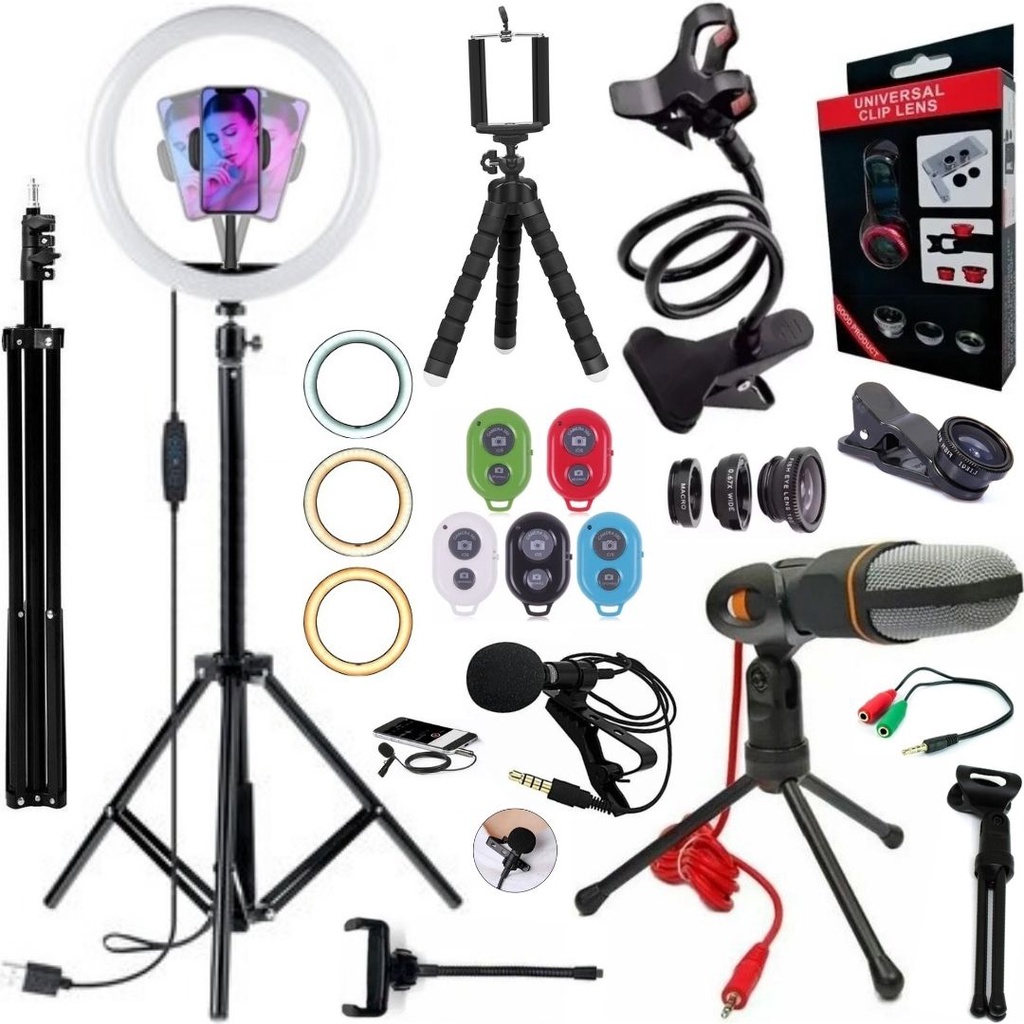 Kit Ring Light Luz Led Tripé Microfone Lentes Celular Vídeos Youtuber Profissional