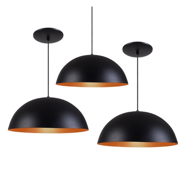 Kit 3 Pendentes Meia Lua Meia Bola 34cm Alumínio Branco Preto Cobre Lustre Luminária