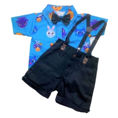 Kit Bolofofos conjunto 4 peças Bermuda, gravata, camisa e suspensório, Roupinha Aniversário e mesversário