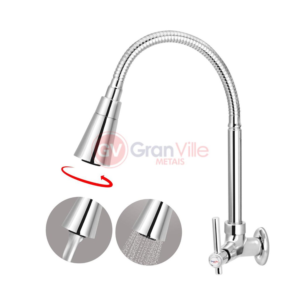 Torneira Bica Móvel Gourmet Parede 1/4 Volta 2 Jatos C80 - Granville Metais