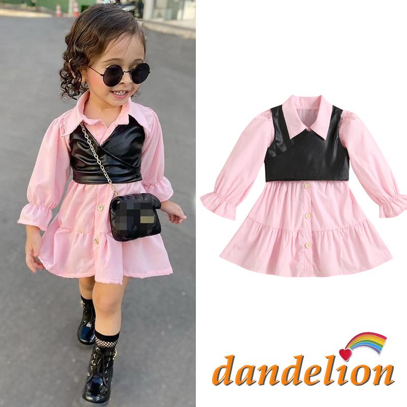 Conjunto Infantil Feminino Vestido Manga Longa Lapela + Colete De Couro Pu Preto Dandelion