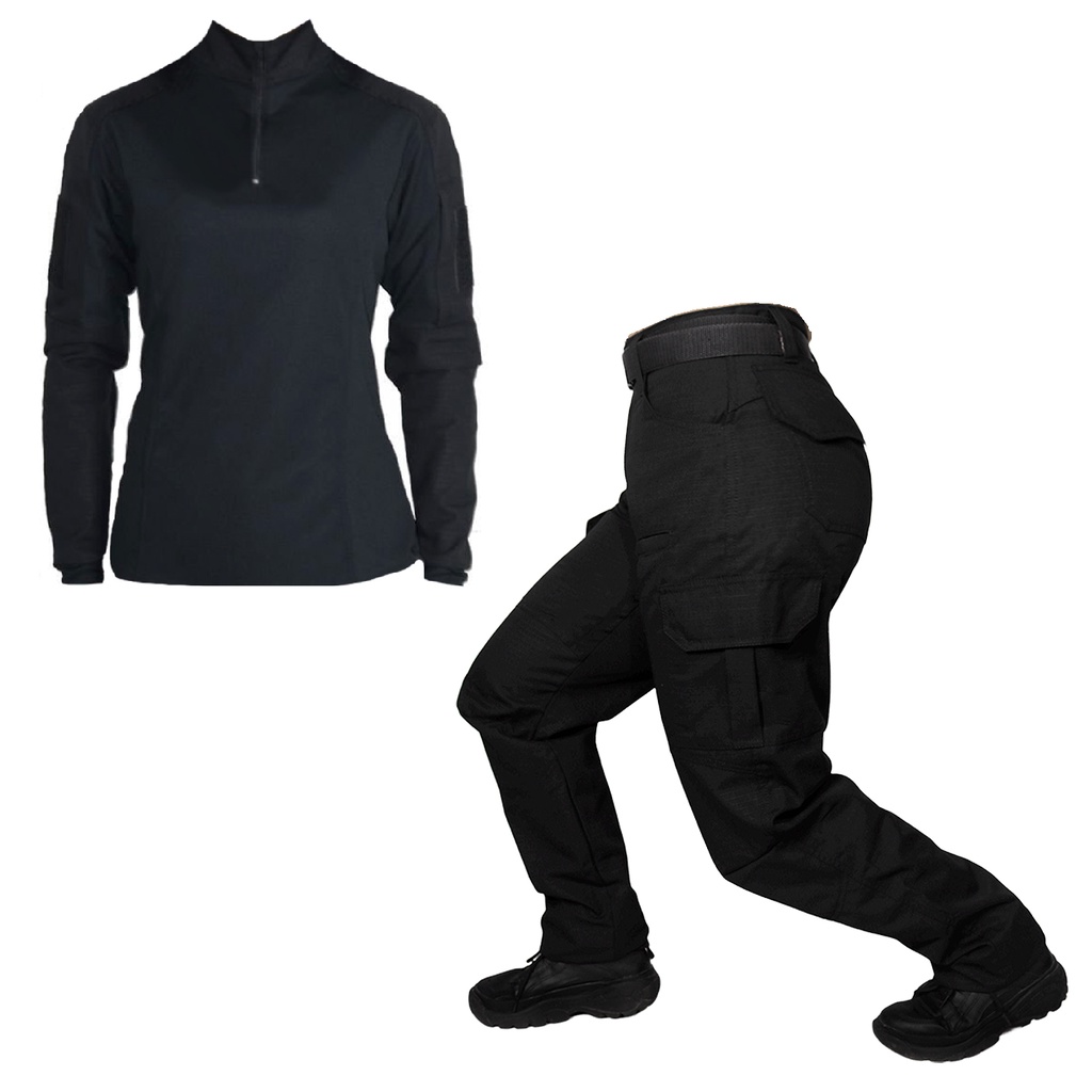 Farda Feminina (Calça Combat + Combat Shirt) Tática Ripstop Bélica - Preta