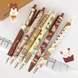 6 Peças Caneta Retrátil De Gel 0,5mm Com Desenho De Urso Tinta Preta/Utensílios De Escrita