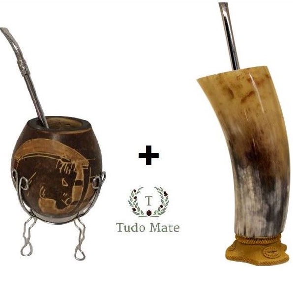 Cuia Coquinho Para Chimarrão com Tripé e Bomba + Cuia Guampa Chifre Natural de Boi com Bomba