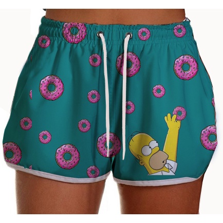 Short Feminino Tactel Floral Piscina Praia Homer Simpson Donust Elastano Samba Canção Sh37