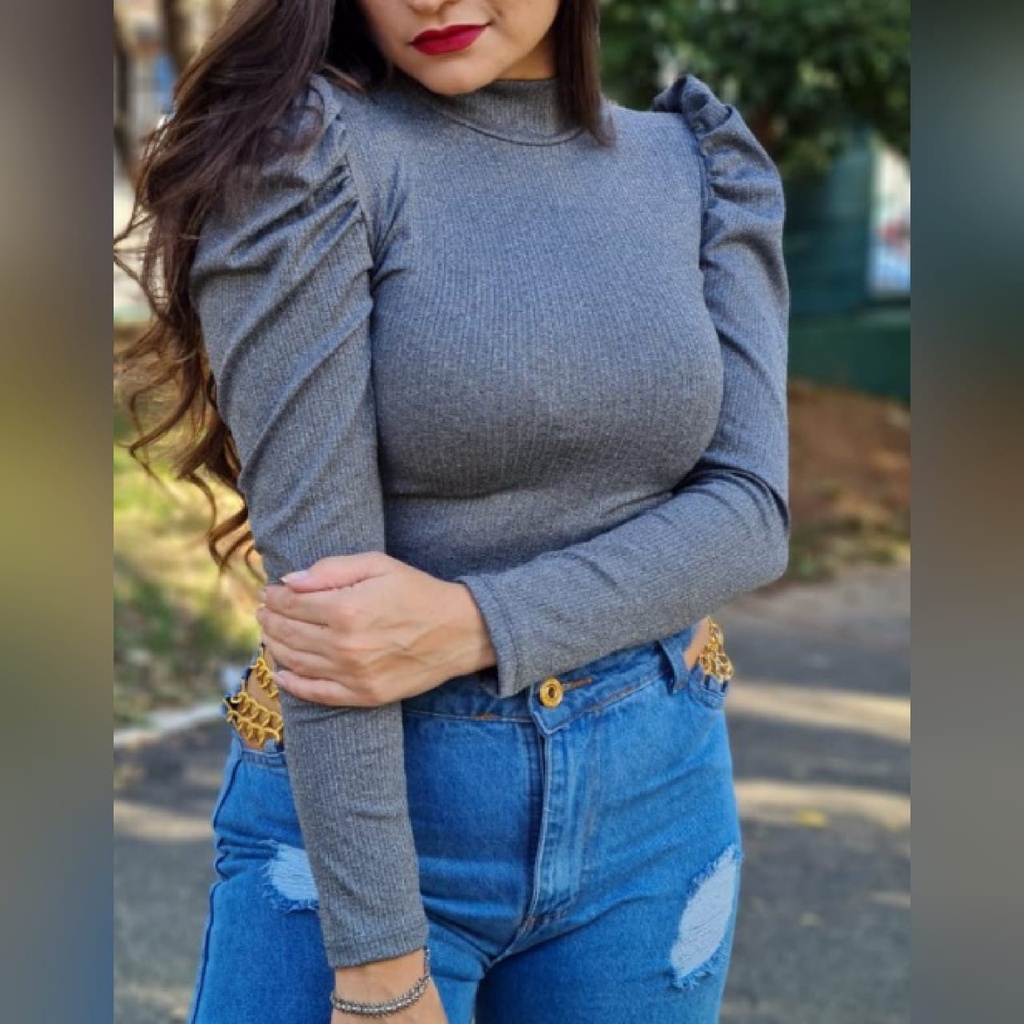 Blusa feminina manga longa princesa canelada com elastano fashion