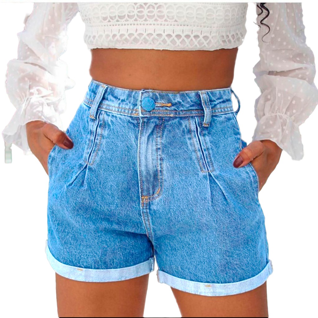 Short Feminino Short Jeans Cintura Alta Com Bolso Real Escorrega O Preço 0131