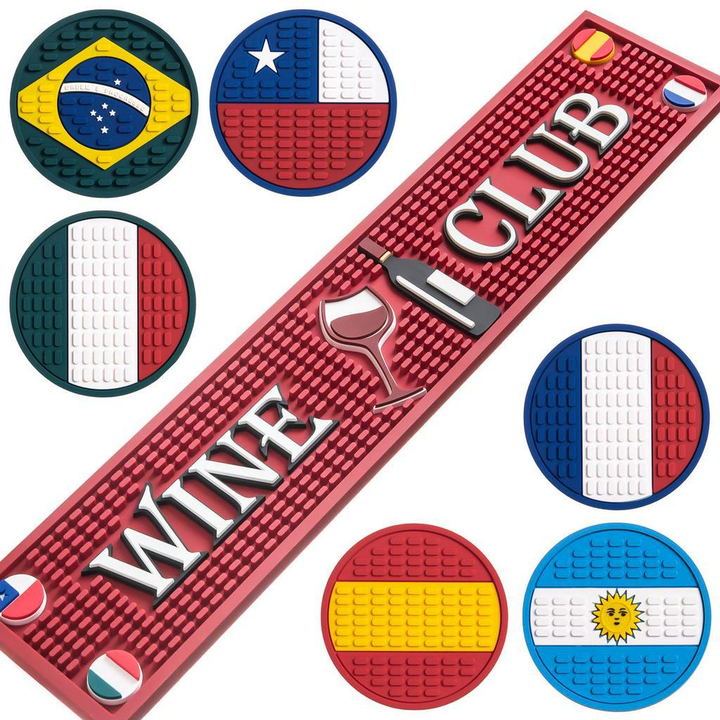 Kit Bar Mat Wine Club + 6 Cup Mat Presente Dia Dos Pais Emborrachado Mesa Churrasqueira Lootus