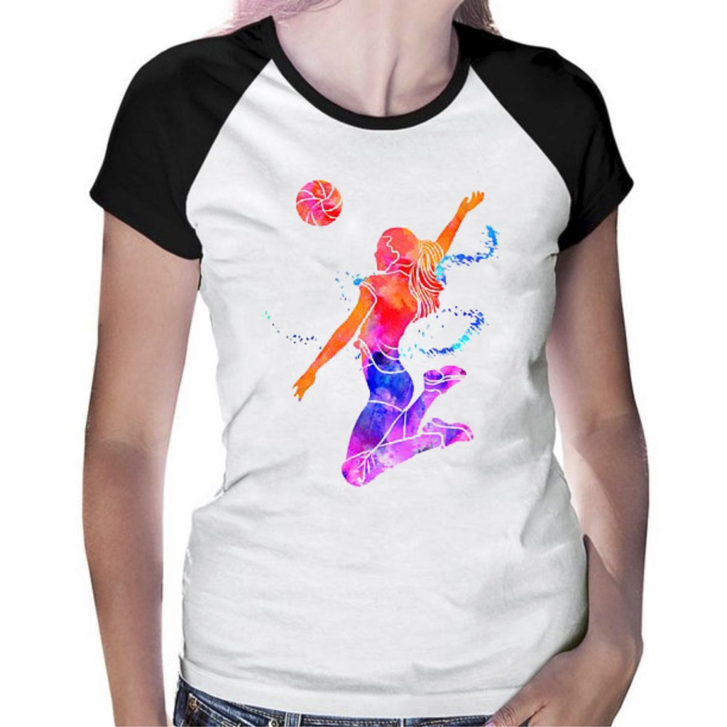 Camiseta Raglan Baby Look Estampa Multicor Esporte Volei 30