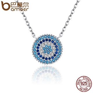 Bamoer Popular 925 Sterling Silver Rodada Azul Cristal Sorte Olhos Azuis Mulheres Pingente Colares De Prata Autêntica Jóias Scn099