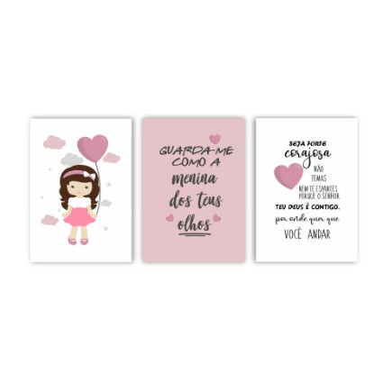 Kit Quadros Decorativos Mosaico 3 Peças Trio Frase Menina Infantil Girl Garota Rosa Rose Salmo Oração Presente Minimalista Desenho