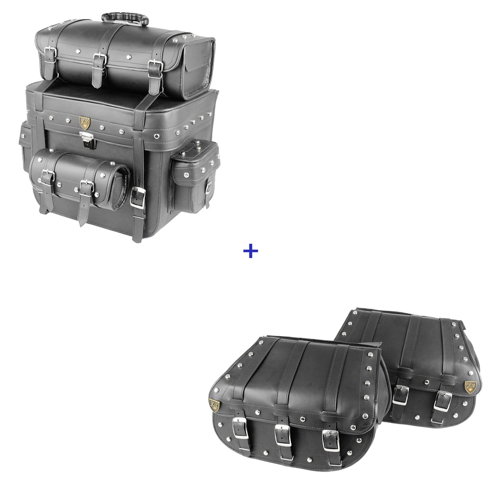 Kit Viagem Alforge Traseiro 62 Litros C/ Chave Tranca Couro Sintético C/ Cravos + Alforge Lateral 3F 25 Litros Couro Sintético C/ Cravos