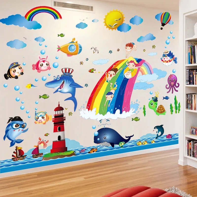[Design de cinco elefantes] HJ95 Cartoon Dolphin Underwater World Ocean Adesivo Adesivo de parede Papel de parede autoad