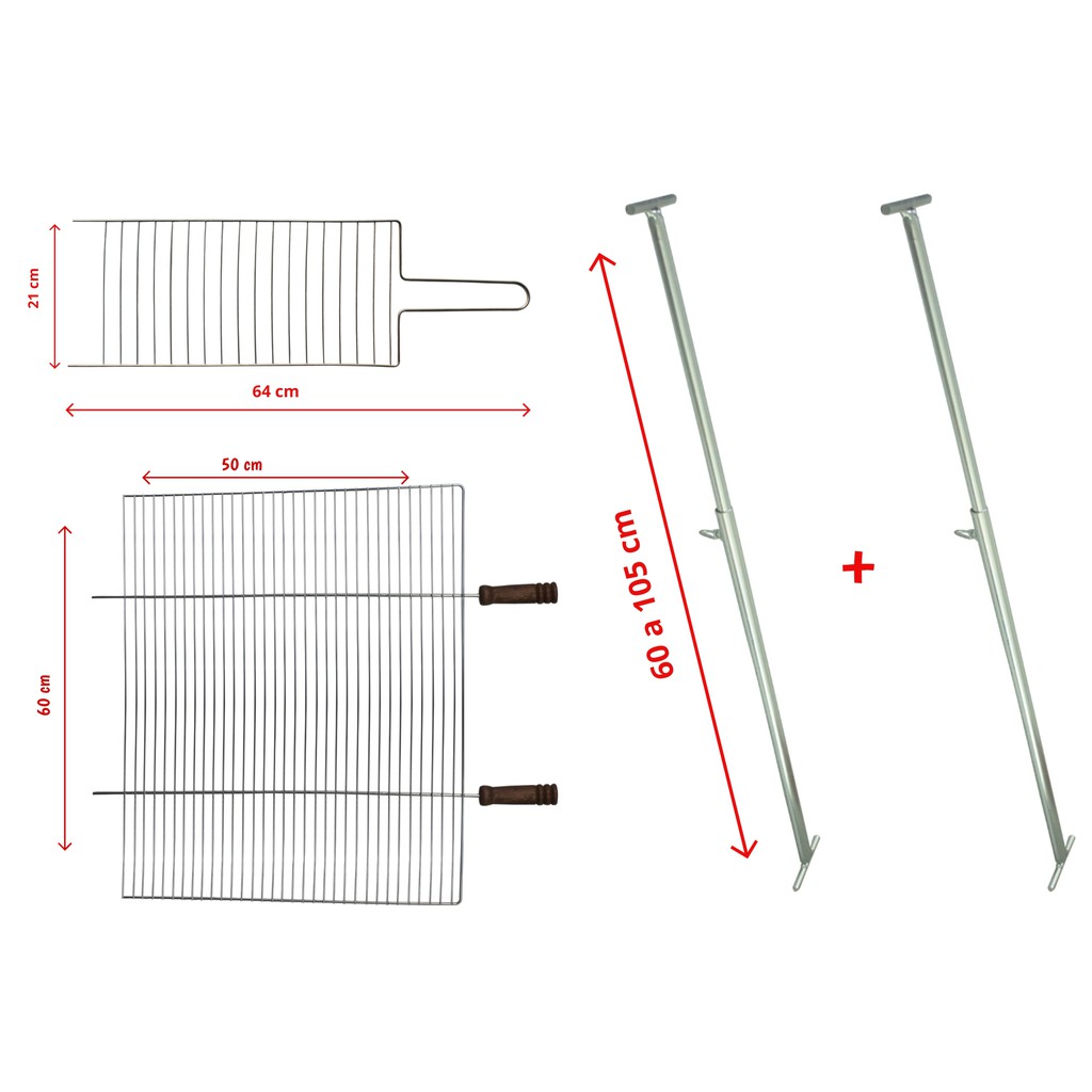 Kit Churrasqueira Grelha Grande + Grelha Dupla Reta Média + Suporte Extensor Ajustável 5003/5102U/5501