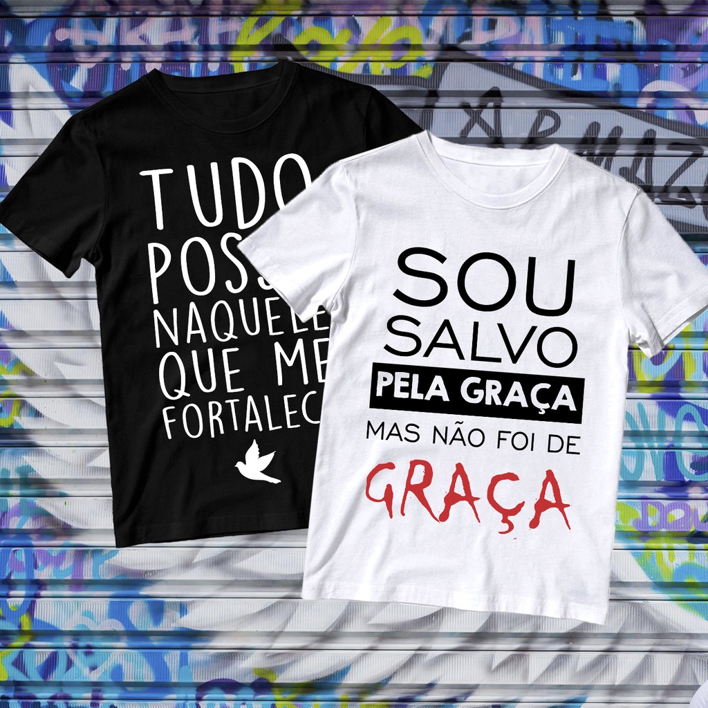 Kit 2 Camiseta Masculina Estampada Evangélica Blusa Gospel Camisa Igreja Célula Camisa Filipenses Bíblia Jesus Cristo Versículo Tudo Posso Naquele Fortalece Sou Salvo pela Graça