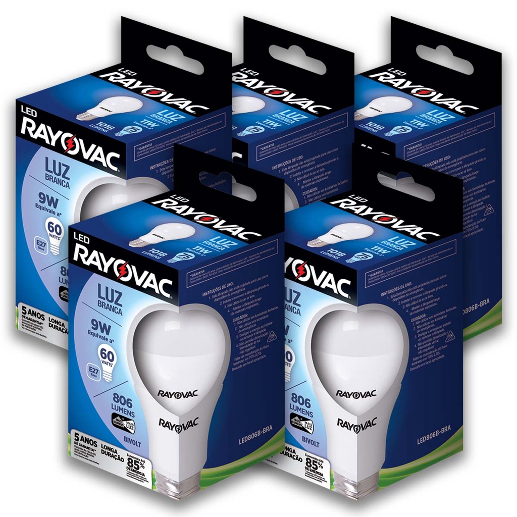Lampada LED 9W Luz Branca 6500K Rayovac 5 caixas Bulbo Soquete E27 Luz Fria