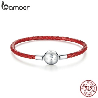 Bamoer 925 Pulseira De Couro Vermelho Prata Real Encanto De Corda Para Mulheres Com Furo De 3mm BSB042 em Oferta na Shopee