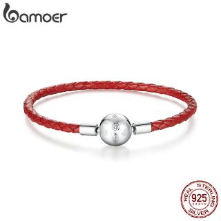 Bamoer 925 Pulseira De Couro Vermelho Prata Real Encanto De Corda Para Mulheres Com Furo De 3mm BSB042