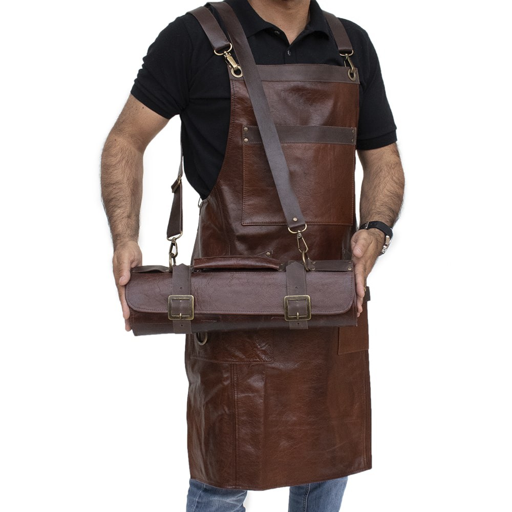 Imagem Kit Avental Churrasqueiro Couro Bovino e Estojo Porta Facas