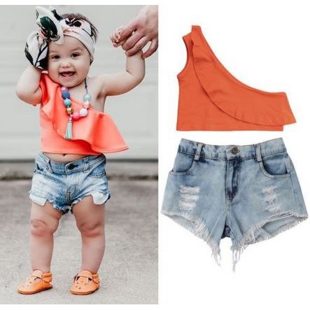 Roupa Conjunto Bebê Shortinho Jeans Blusinha Ombrinho Babadinho Lookzinho Estiloso Festa Menina Top Importado